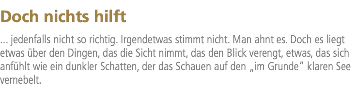 Doch nichts hilft ... jedenfalls nicht so richtig. Irgendetwas stimmt nicht. Man ahnt es. Doch es liegt etwas über den Dingen, das die Sicht nimmt, das den Blick verengt, etwas, das sich anfühlt wie ein dunkler Schatten, der das Schauen auf den „im Grunde“ klaren See vernebelt.