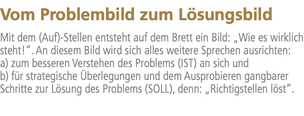 Vom Problembild zum Lösungsbild Mit dem (Auf)-Stellen entsteht auf dem Brett ein Bild: „Wie es wirklich steht!“. An diesem Bild wird sich alles weitere Sprechen ausrichten: a) zum besseren Verstehen des Problems (IST) an sich und b) für strategische Überlegungen und dem Ausprobieren gangbarer Schritte zur Lösung des Problems (SOLL), denn: „Richtigstellen löst“.